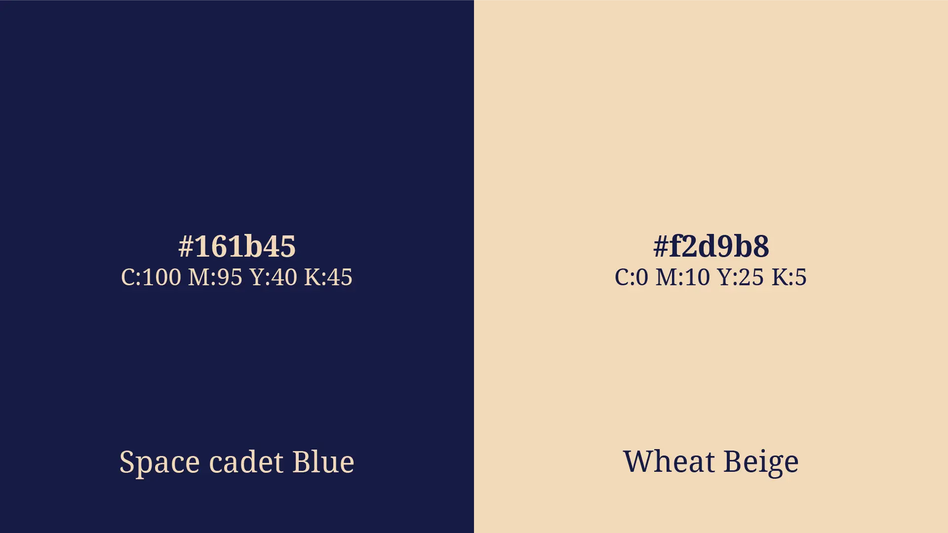 Two color swatches side by side: Space Cadet Blue on the left and Wheat Beige on the right, each labeled with its hex and CMYK values.